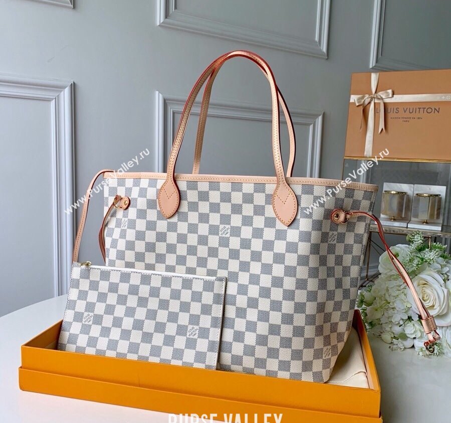 Louis Vuitton Classic Neverfull MM Tote Bag N41361 Damier Azur Canvas/White 2024 (KI-240520110)