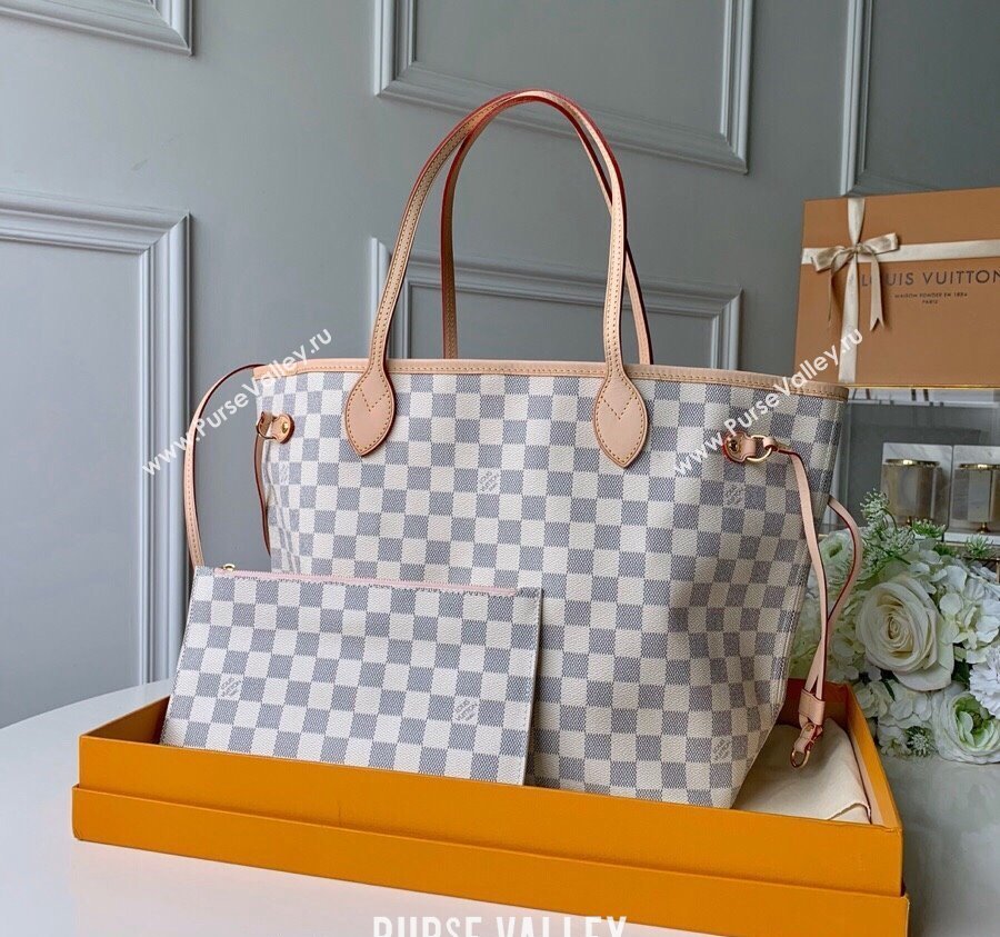 Louis Vuitton Classic Neverfull MM Tote Bag N41605 Damier Azur Canvas/Light Pink 2024 (KI-240520111)