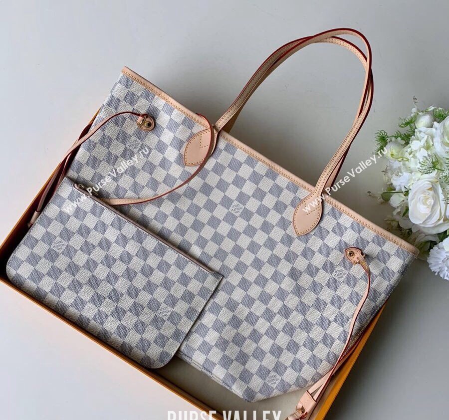 Louis Vuitton Classic Neverfull MM Tote Bag N41605 Damier Azur Canvas/Light Pink 2024 (KI-240520111)