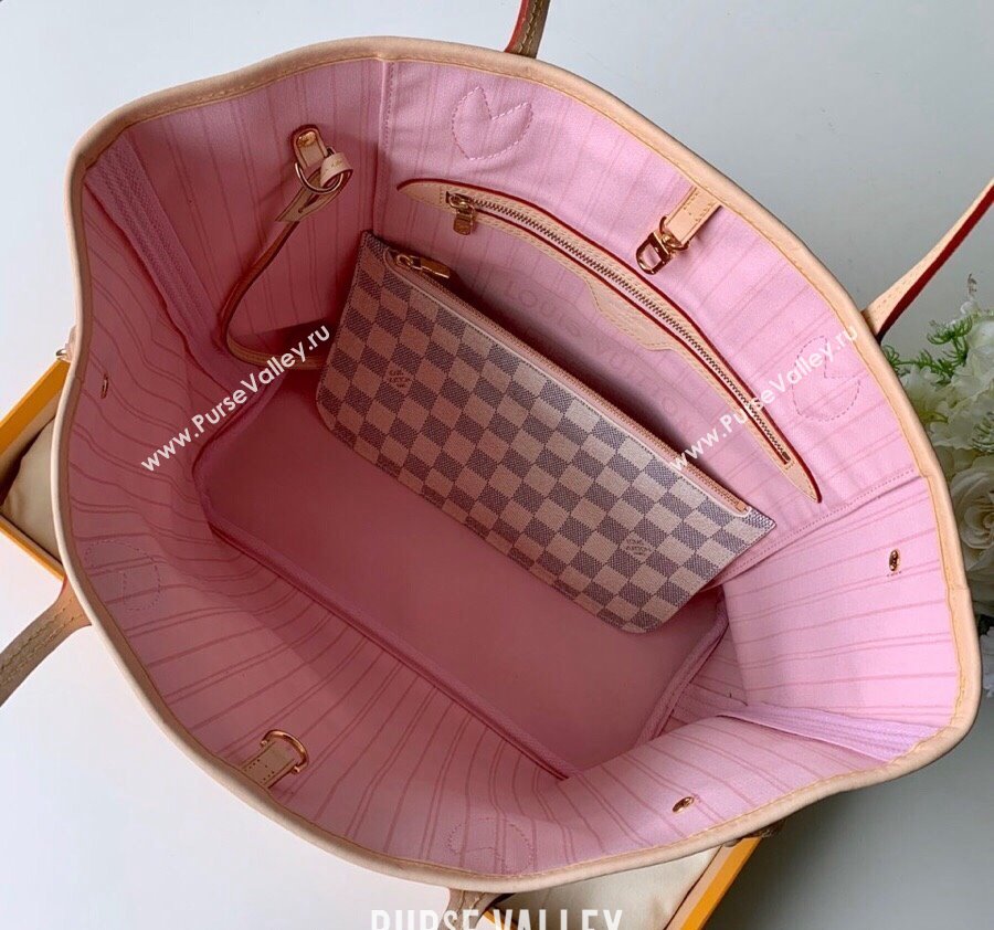 Louis Vuitton Classic Neverfull MM Tote Bag N41605 Damier Azur Canvas/Light Pink 2024 (KI-240520111)