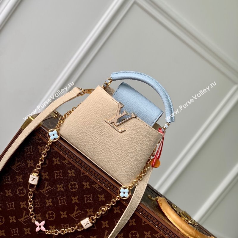 Louis Vuitton Capucines Mini Bag in Taurillon Leather with Lovelock Chain M23951 Beige/Blue 2024 (KI-240520095)