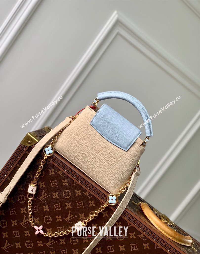 Louis Vuitton Capucines Mini Bag in Taurillon Leather with Lovelock Chain M23951 Beige/Blue 2024 (KI-240520095)