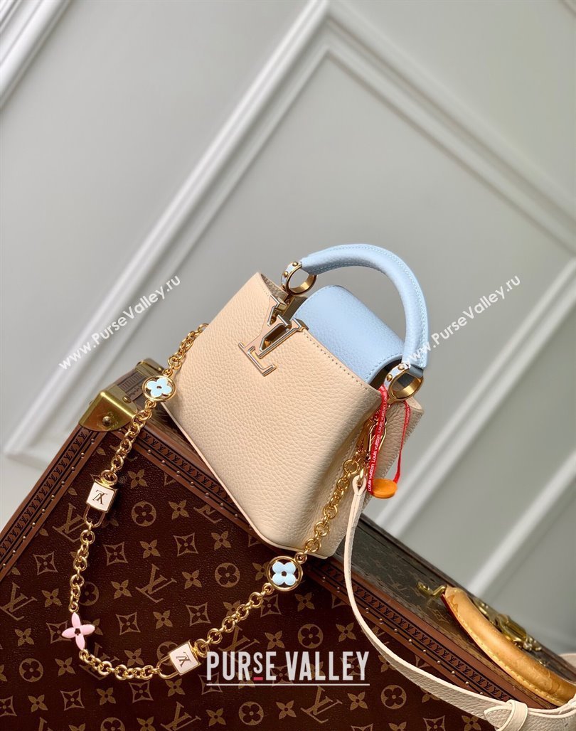 Louis Vuitton Capucines Mini Bag in Taurillon Leather with Lovelock Chain M23951 Beige/Blue 2024 (KI-240520095)