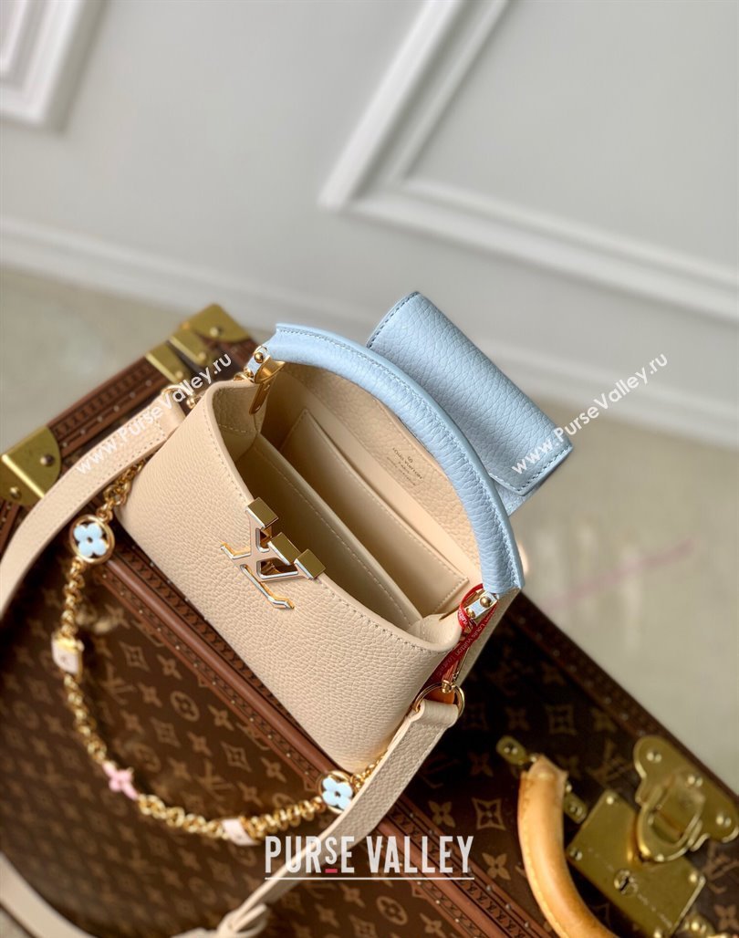 Louis Vuitton Capucines Mini Bag in Taurillon Leather with Lovelock Chain M23951 Beige/Blue 2024 (KI-240520095)