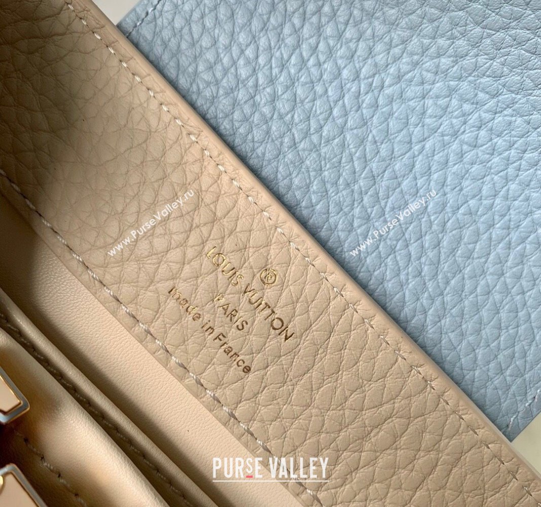 Louis Vuitton Capucines Mini Bag in Taurillon Leather with Lovelock Chain M23951 Beige/Blue 2024 (KI-240520095)