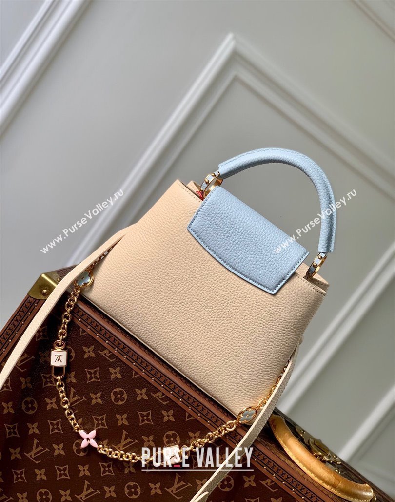 Louis Vuitton Capucines BB Bag in Black Taurillon Leather with Lovelock Chain M23950 Beige/Blue 2024 (KI-240520097)