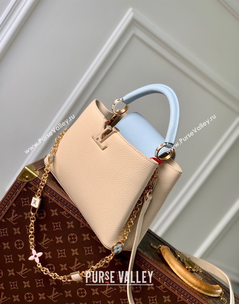 Louis Vuitton Capucines BB Bag in Black Taurillon Leather with Lovelock Chain M23950 Beige/Blue 2024 (KI-240520097)