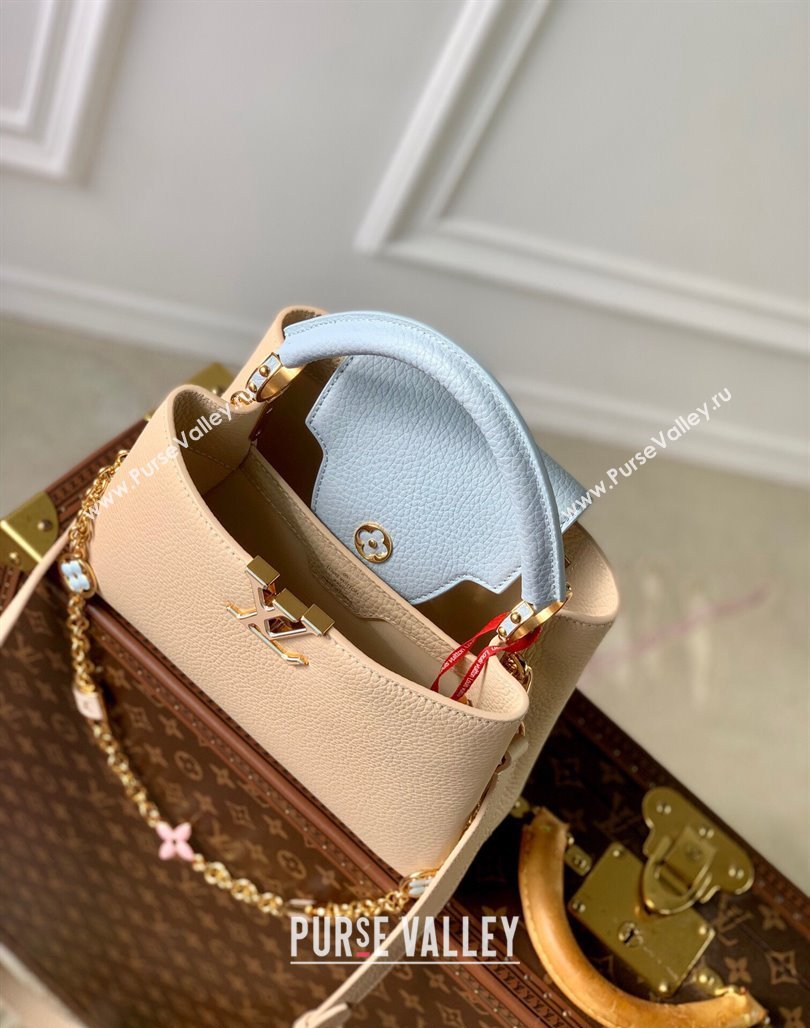 Louis Vuitton Capucines BB Bag in Black Taurillon Leather with Lovelock Chain M23950 Beige/Blue 2024 (KI-240520097)