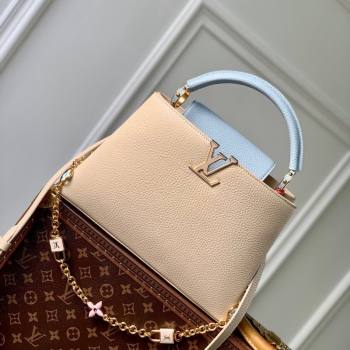 Louis Vuitton Capucines MM Bag in Taurillon Leather with Lovelock Chain M23950 Beige/Blue 2024 (KI-240520098)