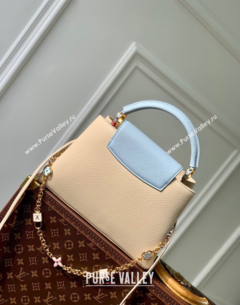 Louis Vuitton Capucines MM Bag in Taurillon Leather with Lovelock Chain M23950 Beige/Blue 2024 (KI-240520098)