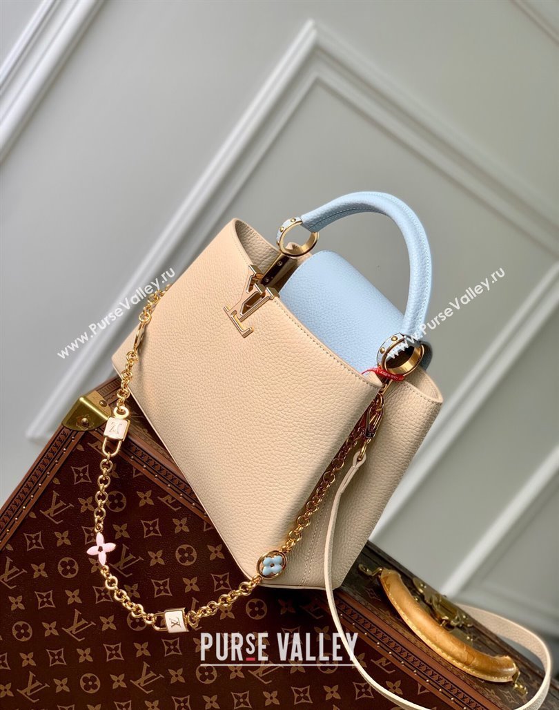 Louis Vuitton Capucines MM Bag in Taurillon Leather with Lovelock Chain M23950 Beige/Blue 2024 (KI-240520098)