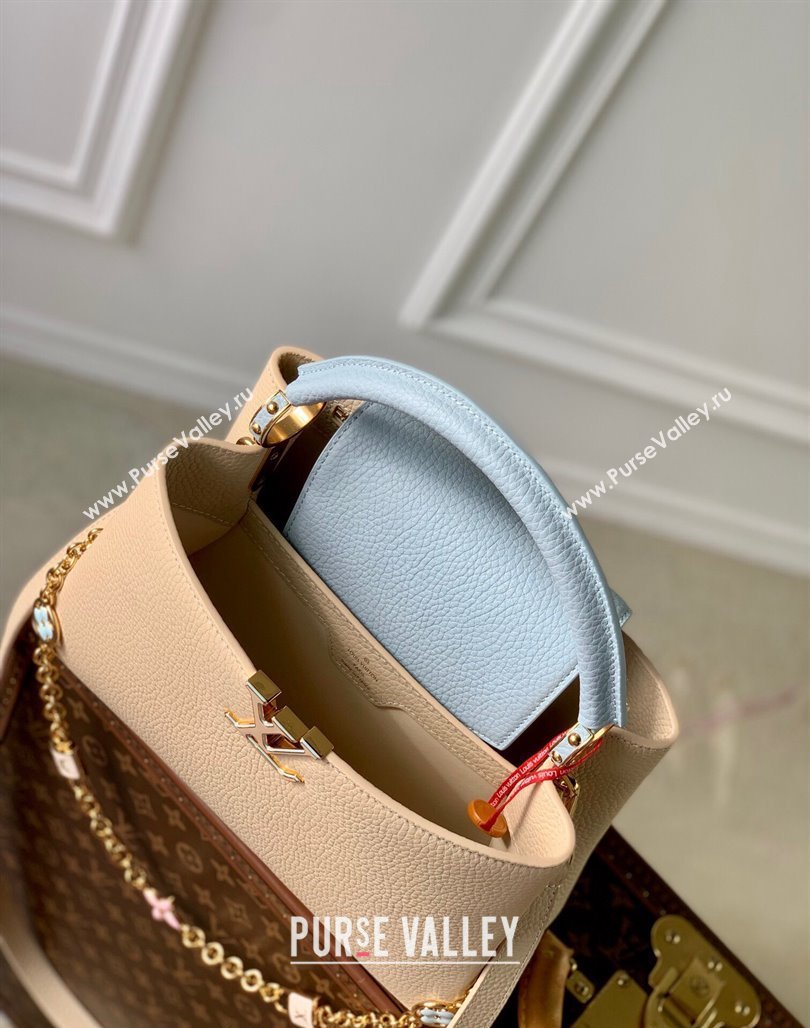 Louis Vuitton Capucines MM Bag in Taurillon Leather with Lovelock Chain M23950 Beige/Blue 2024 (KI-240520098)