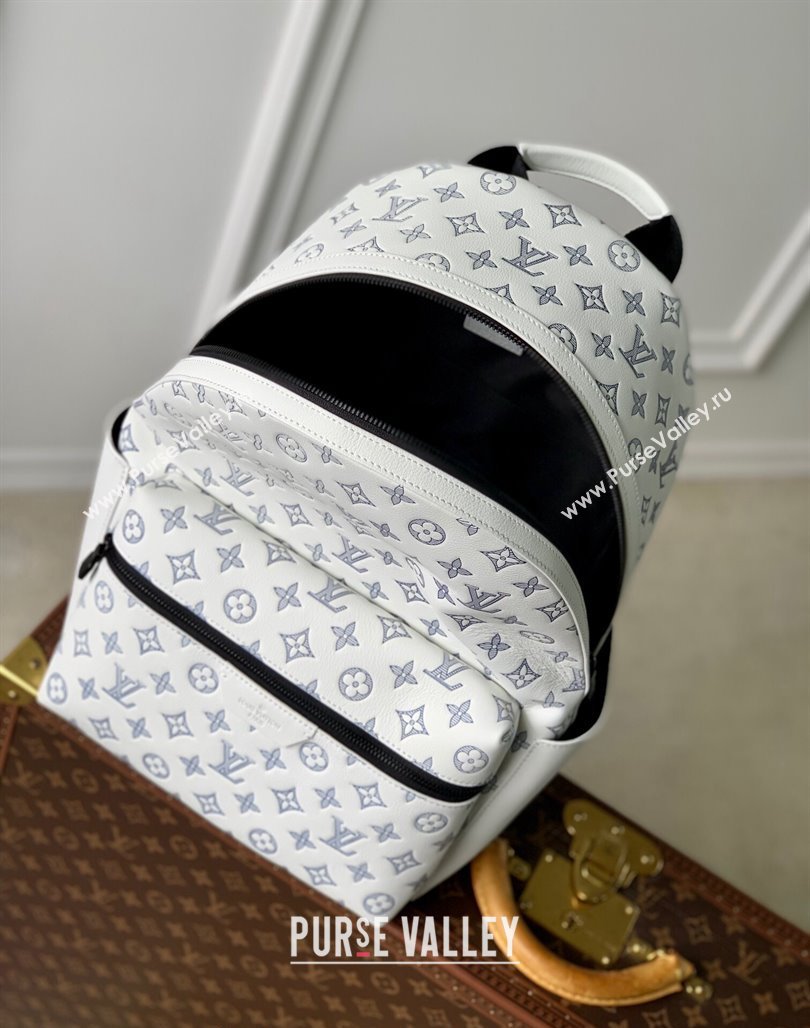 Louis Vuitton Discovery Backpack bag in Monogram Shadow Calfskin M24760 White/Navy Blue 2024 (KI-240520026)