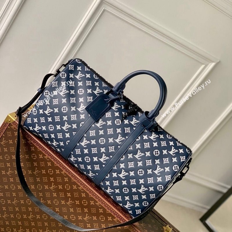 Louis Vuitton Keepall Bandouliere 50 Travel bag in Monogram Shadow Calfskin M24953 Ink Blue/White 2024 (KI-240520015)