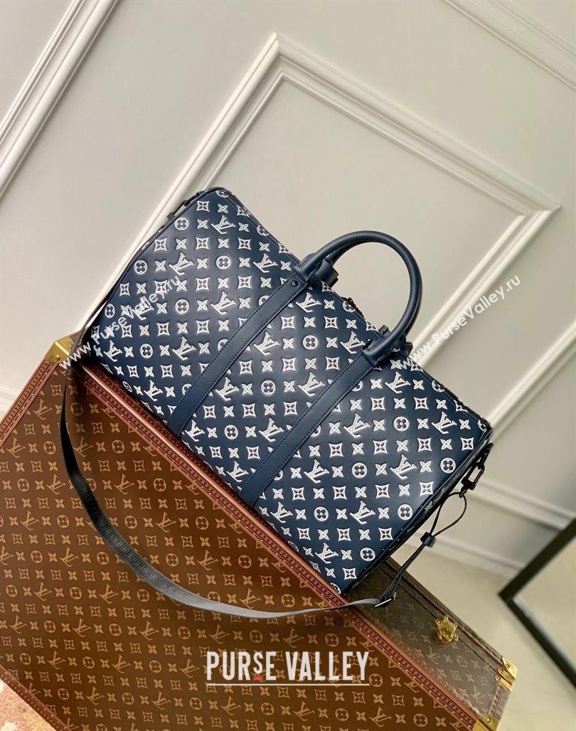 Louis Vuitton Keepall Bandouliere 50 Travel bag in Monogram Shadow Calfskin M24953 Ink Blue/White 2024 (KI-240520015)