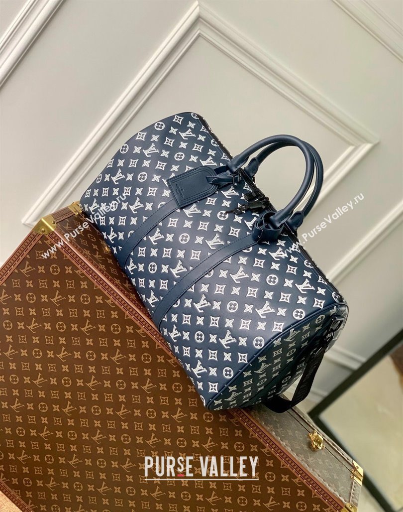 Louis Vuitton Keepall Bandouliere 50 Travel bag in Monogram Shadow Calfskin M24953 Ink Blue/White 2024 (KI-240520015)