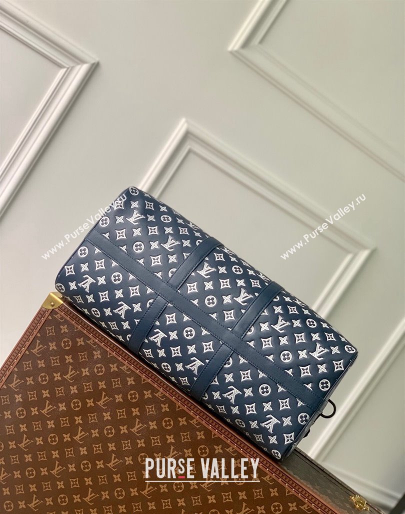 Louis Vuitton Keepall Bandouliere 50 Travel bag in Monogram Shadow Calfskin M24953 Ink Blue/White 2024 (KI-240520015)