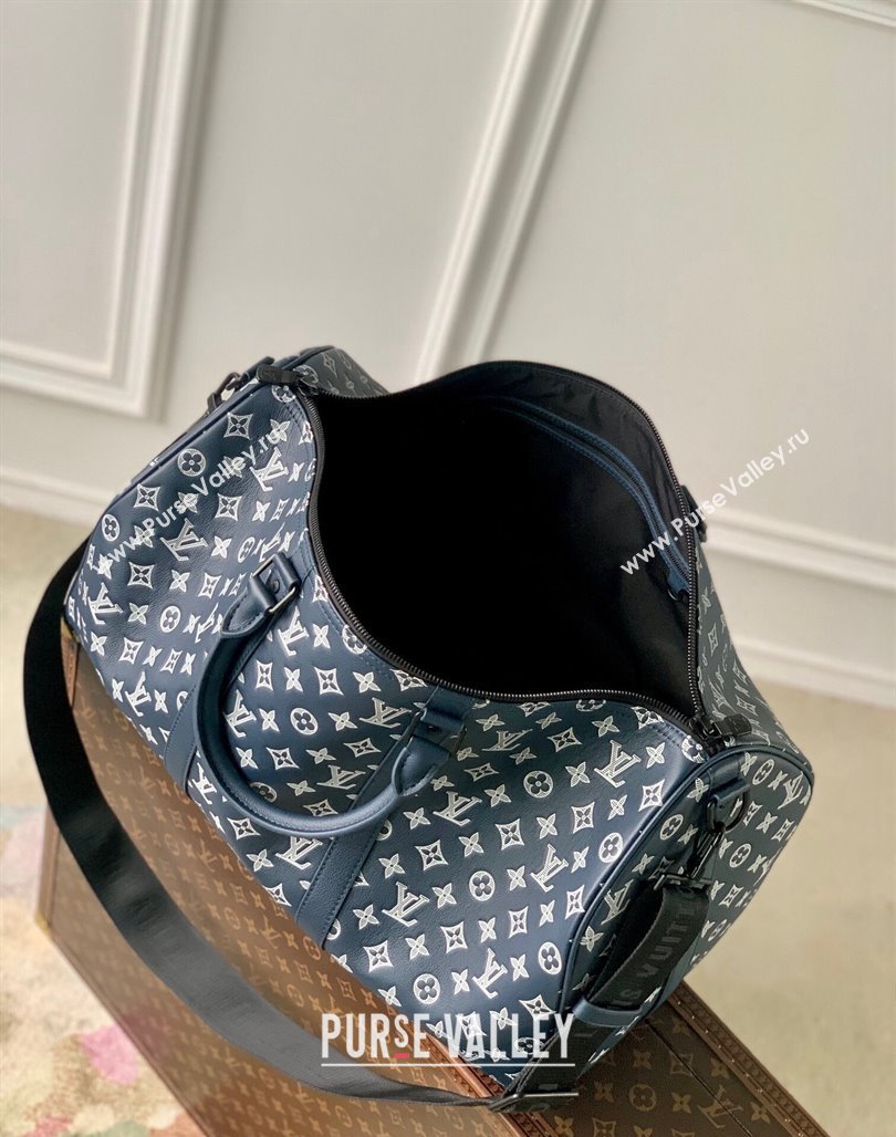 Louis Vuitton Keepall Bandouliere 50 Travel bag in Monogram Shadow Calfskin M24953 Ink Blue/White 2024 (KI-240520015)