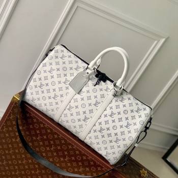 Louis Vuitton Keepall Bandouliere 50 Travel bag in Monogram Shadow Calfskin M24954 White/Navy Blue 2024 (KI-240520016)