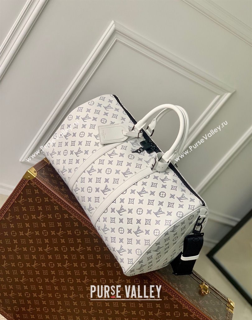 Louis Vuitton Keepall Bandouliere 50 Travel bag in Monogram Shadow Calfskin M24954 White/Navy Blue 2024 (KI-240520016)