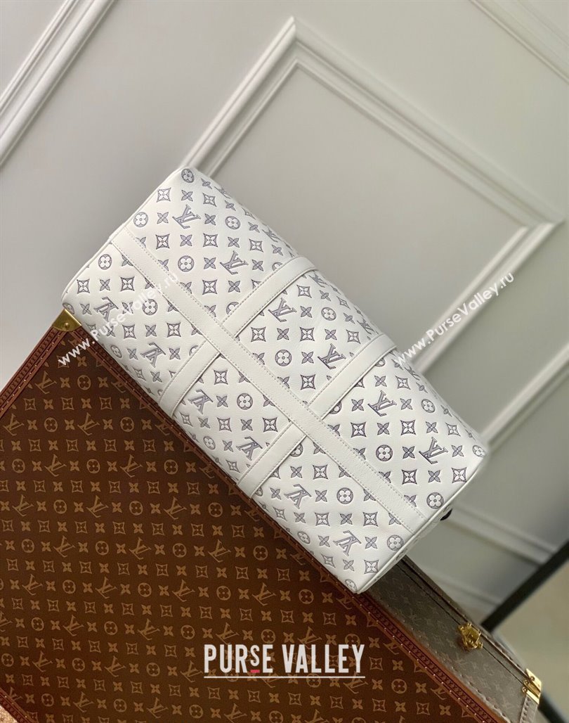 Louis Vuitton Keepall Bandouliere 50 Travel bag in Monogram Shadow Calfskin M24954 White/Navy Blue 2024 (KI-240520016)