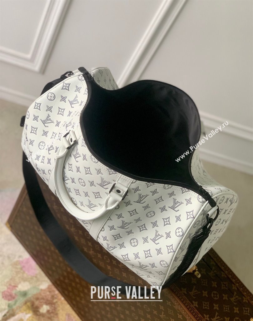 Louis Vuitton Keepall Bandouliere 50 Travel bag in Monogram Shadow Calfskin M24954 White/Navy Blue 2024 (KI-240520016)