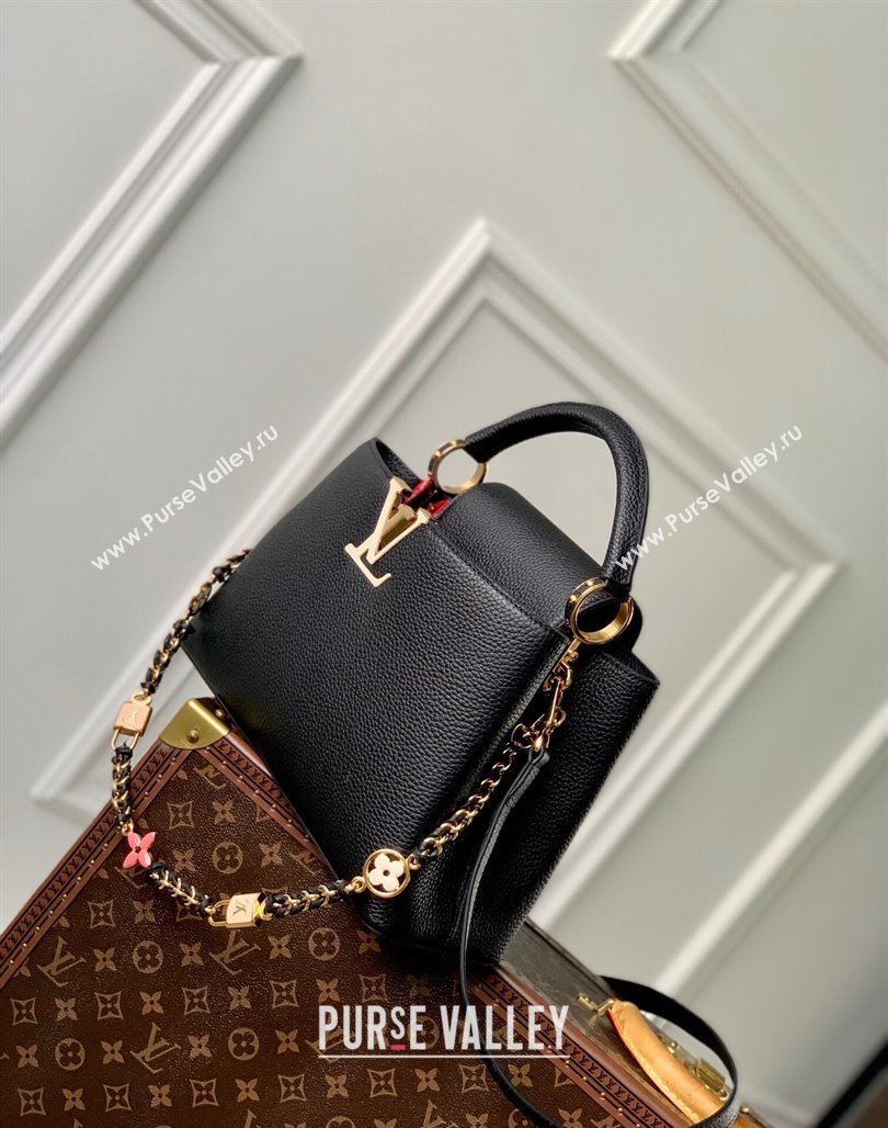 Louis Vuitton Capucines MM Bag in Black Taurillon Leather with Lovelock Chain M23950 2024 (KI-240520099)