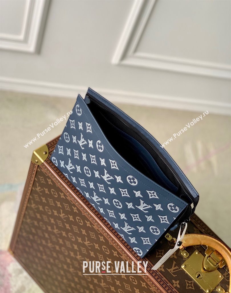 Louis Vuitton Pochette Voyage MM Pouch in Monogram Shadow Calfskin M61692 Ink Blue/White 2024 (KI-240520023)