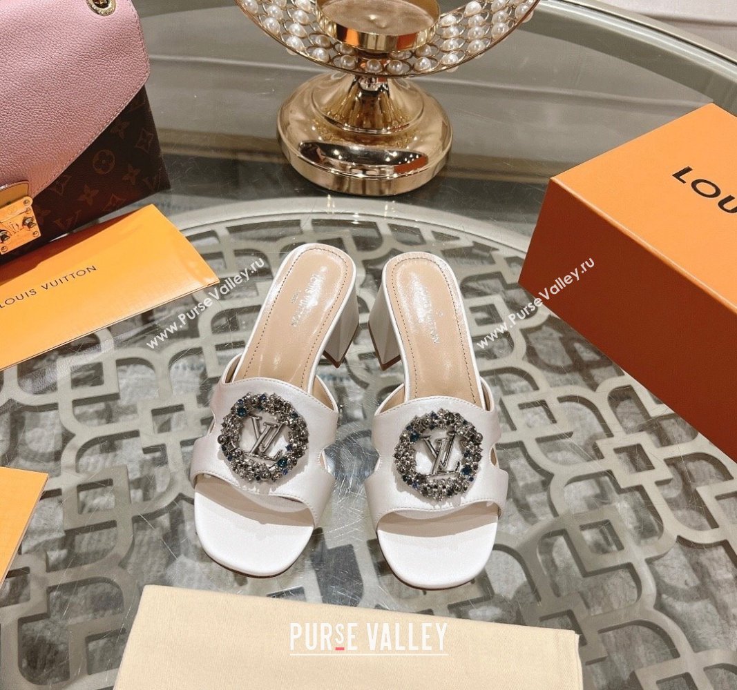 Louis Vuitton LV Met Satin Heel Slide Sandals 5.5cm with Strass White 2024 0606 (MD-240606099)