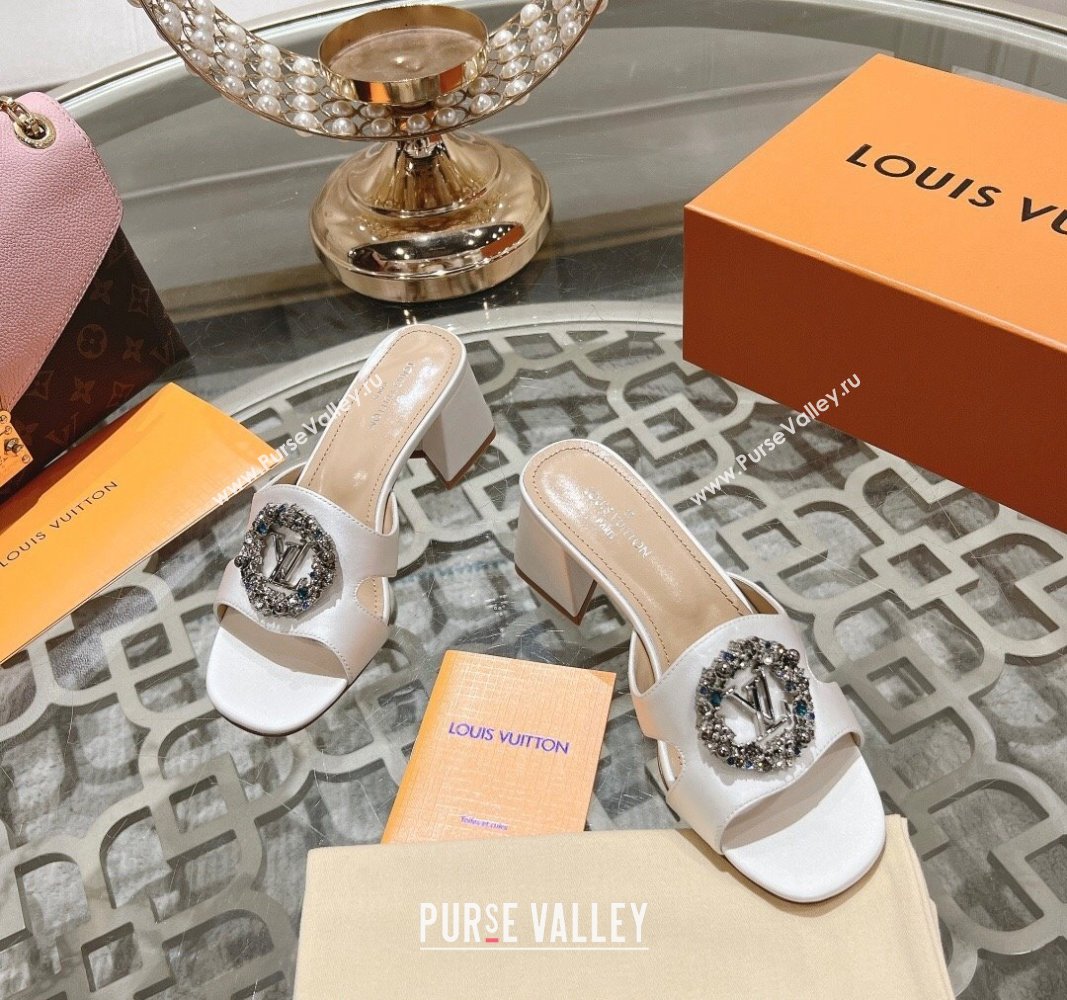 Louis Vuitton LV Met Satin Heel Slide Sandals 5.5cm with Strass White 2024 0606 (MD-240606099)