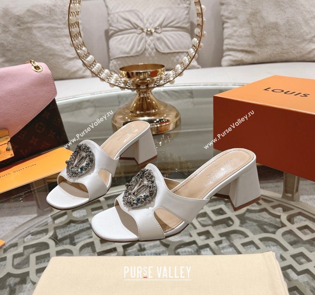 Louis Vuitton LV Met Satin Heel Slide Sandals 5.5cm with Strass White 2024 0606 (MD-240606099)