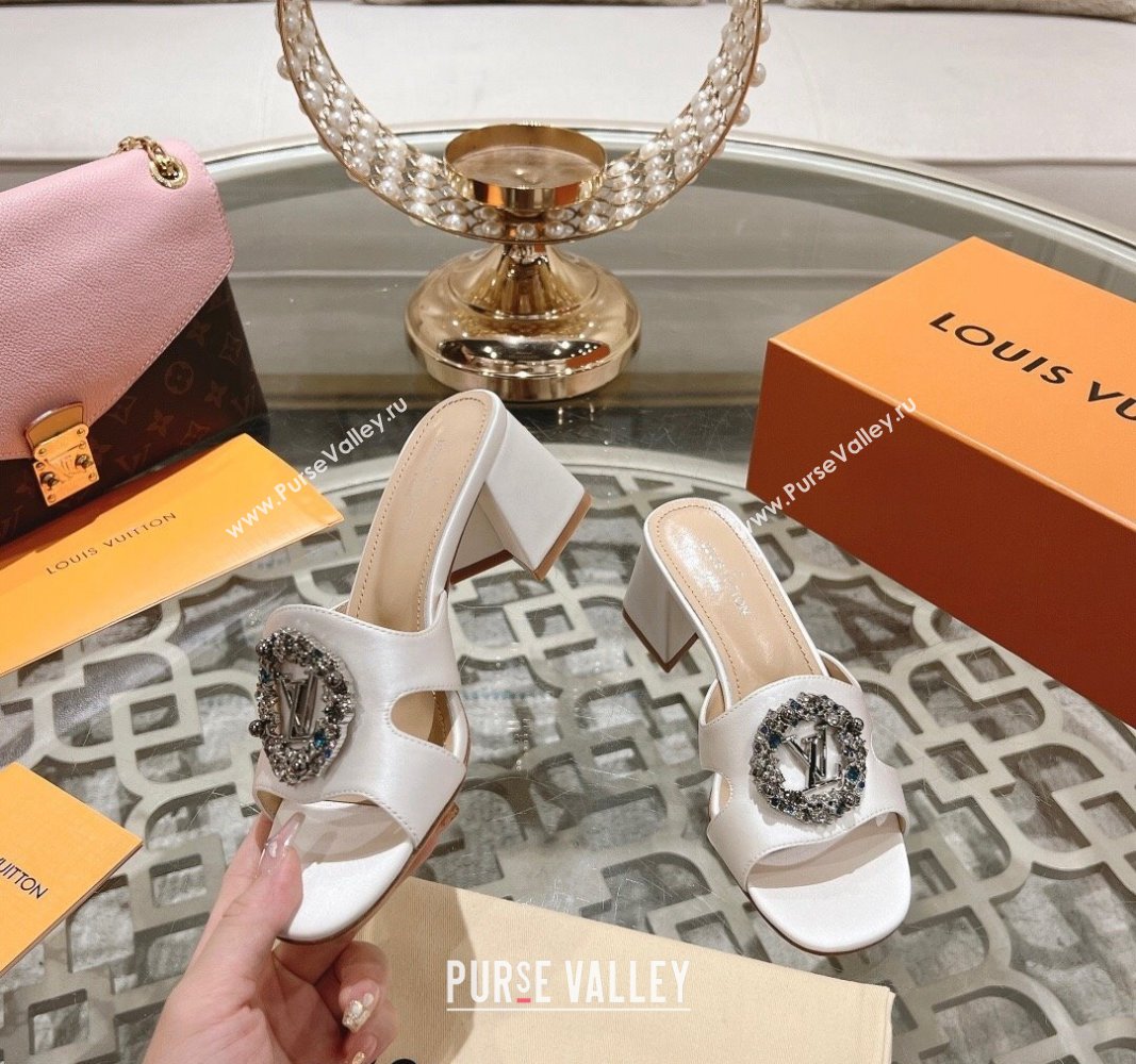 Louis Vuitton LV Met Satin Heel Slide Sandals 5.5cm with Strass White 2024 0606 (MD-240606099)