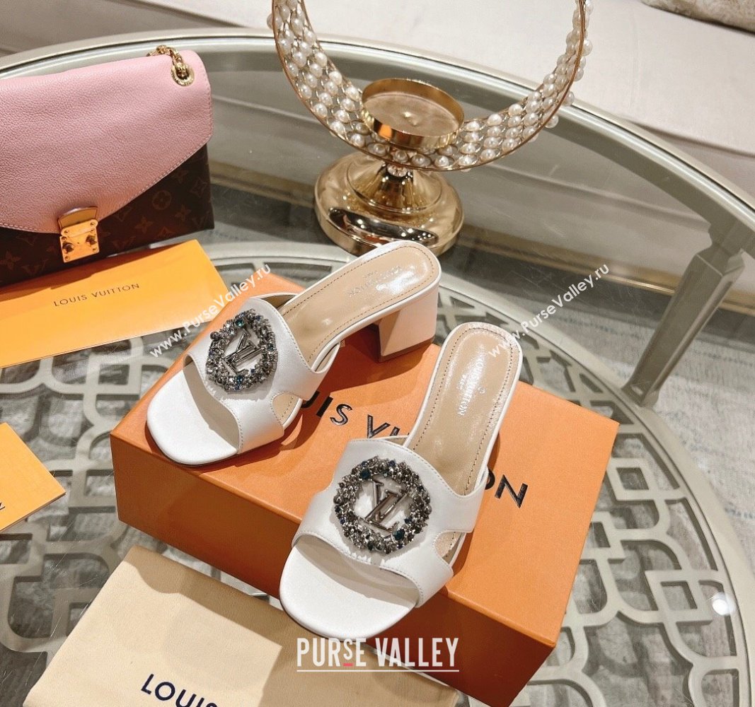 Louis Vuitton LV Met Satin Heel Slide Sandals 5.5cm with Strass White 2024 0606 (MD-240606099)