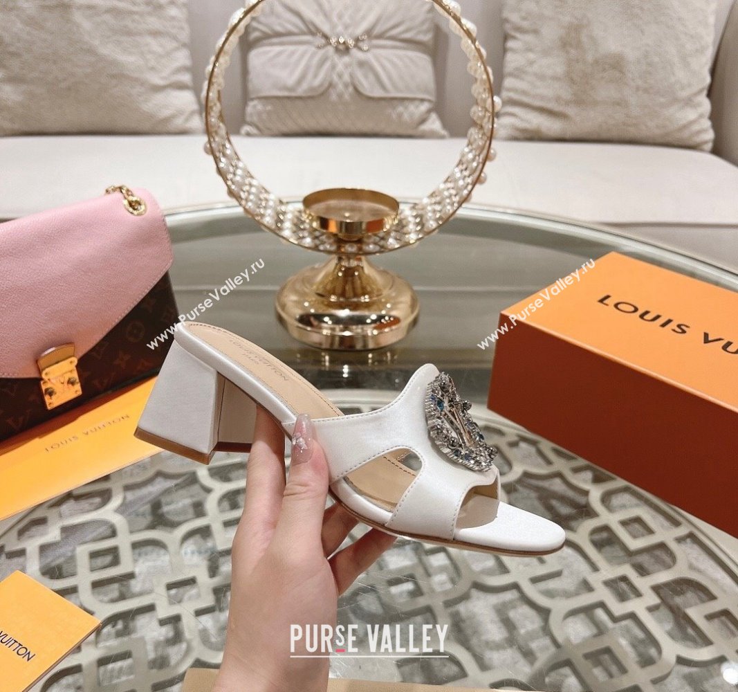 Louis Vuitton LV Met Satin Heel Slide Sandals 5.5cm with Strass White 2024 0606 (MD-240606099)