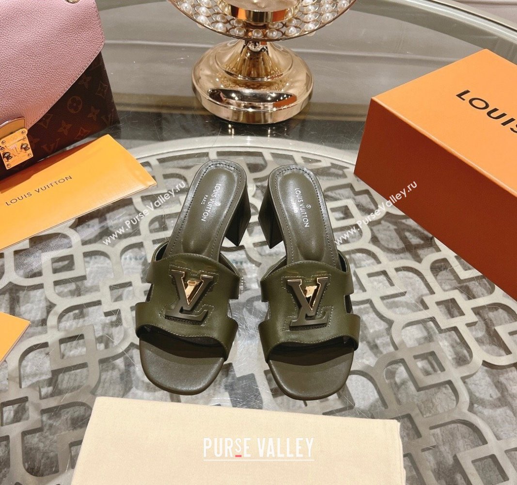 Louis Vuitton Isola Leather Heel Slide Sandals 5.5cm with LV Patch Green 2024 0606 (MD-240606100)