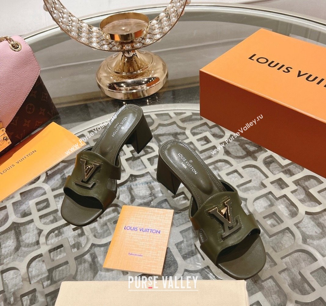 Louis Vuitton Isola Leather Heel Slide Sandals 5.5cm with LV Patch Green 2024 0606 (MD-240606100)