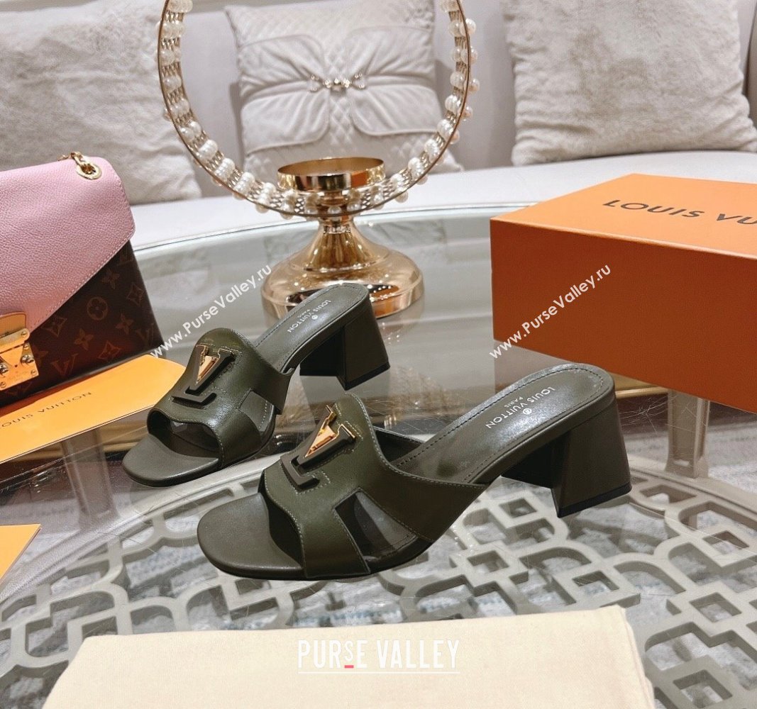 Louis Vuitton Isola Leather Heel Slide Sandals 5.5cm with LV Patch Green 2024 0606 (MD-240606100)