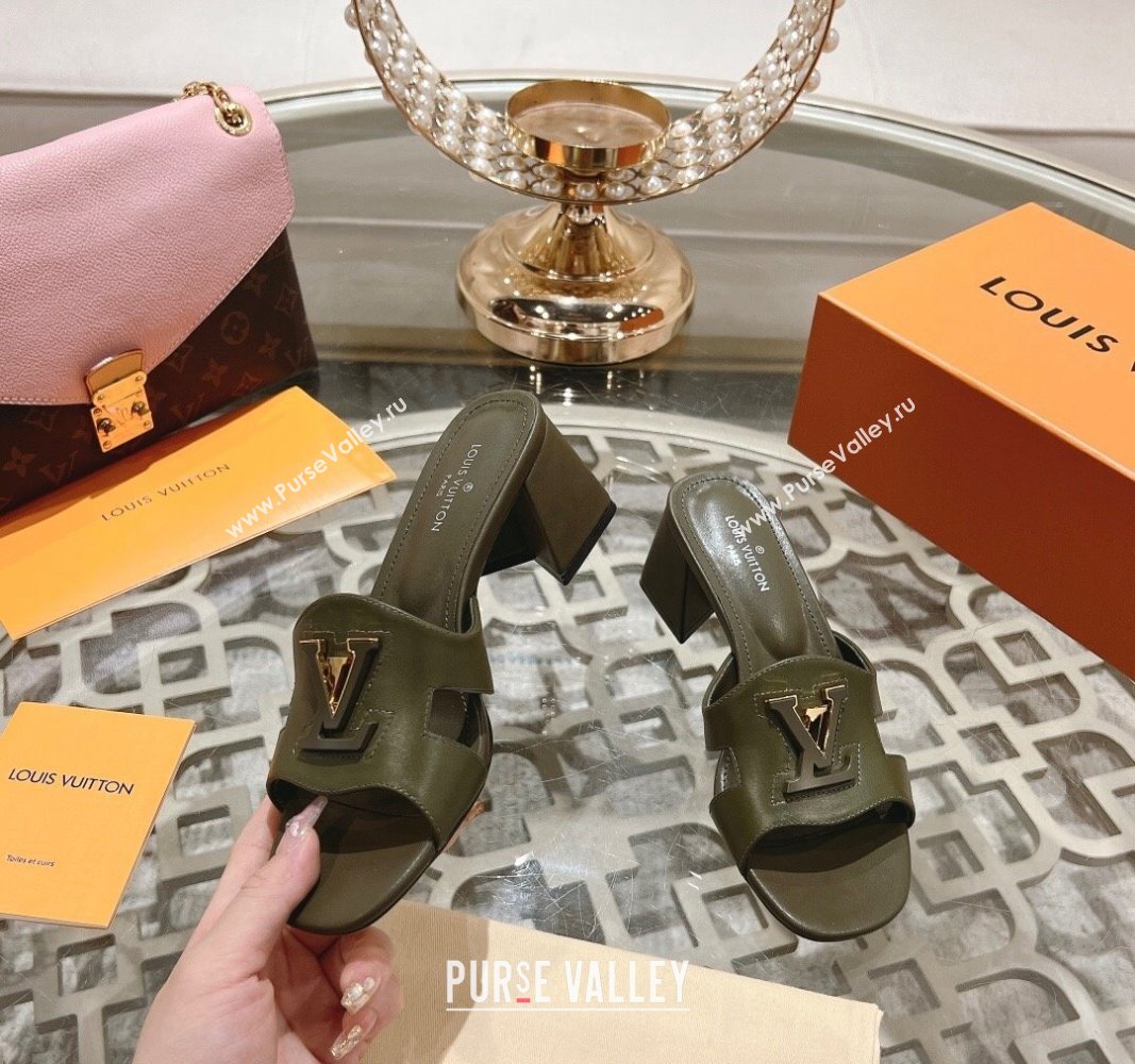 Louis Vuitton Isola Leather Heel Slide Sandals 5.5cm with LV Patch Green 2024 0606 (MD-240606100)