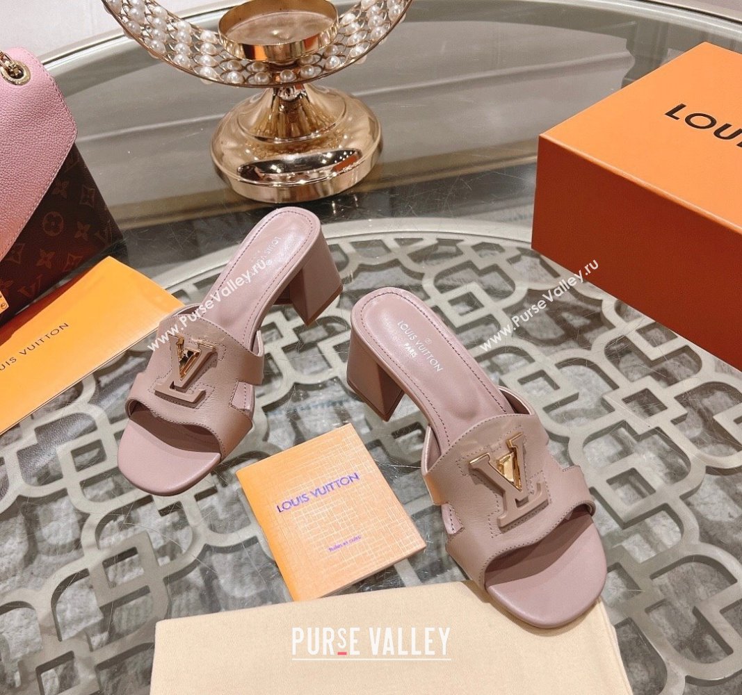 Louis Vuitton Isola Leather Heel Slide Sandals 5.5cm with LV Patch Light Pink 2024 0606 (MD-240606102)