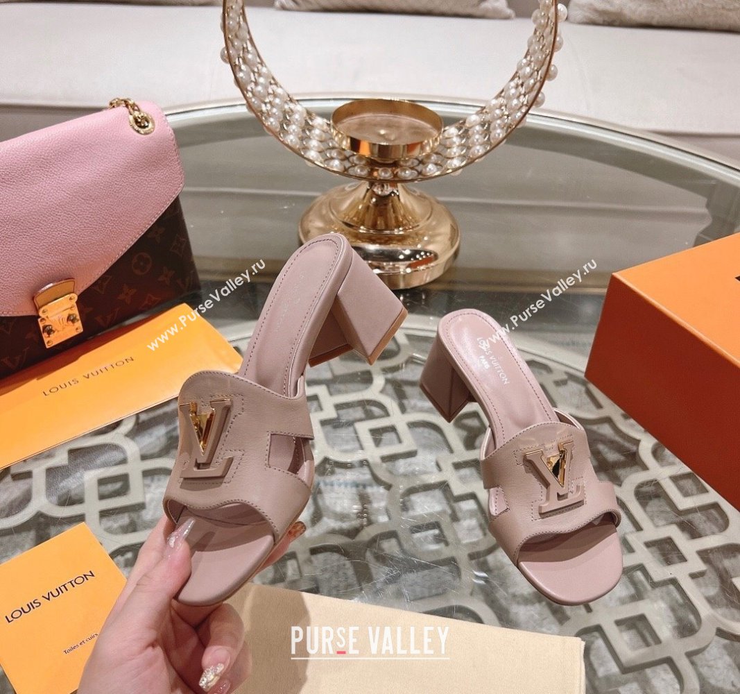 Louis Vuitton Isola Leather Heel Slide Sandals 5.5cm with LV Patch Light Pink 2024 0606 (MD-240606102)