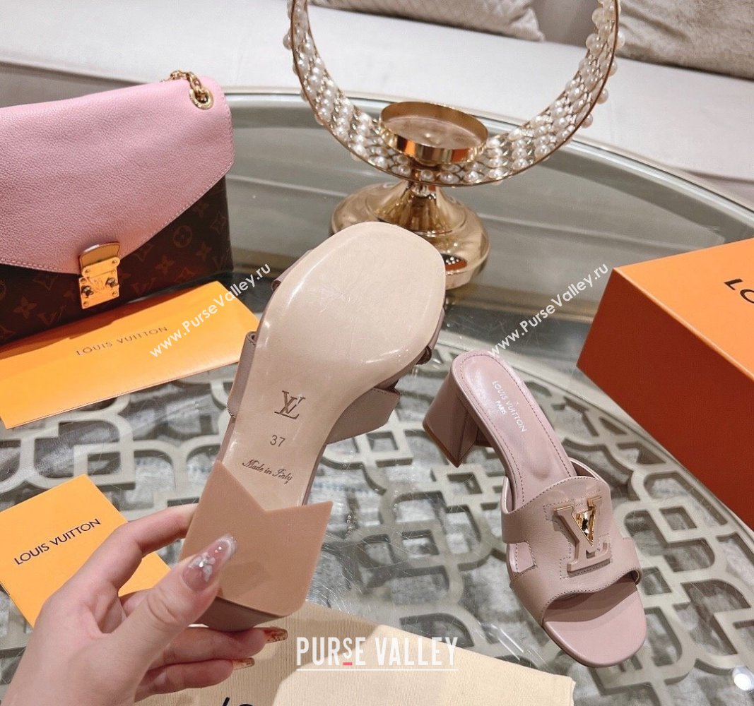 Louis Vuitton Isola Leather Heel Slide Sandals 5.5cm with LV Patch Light Pink 2024 0606 (MD-240606102)