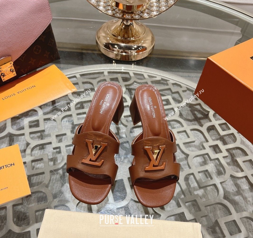 Louis Vuitton Isola Leather Heel Slide Sandals 5.5cm with LV Patch Brown 2024 0606 (MD-240606103)