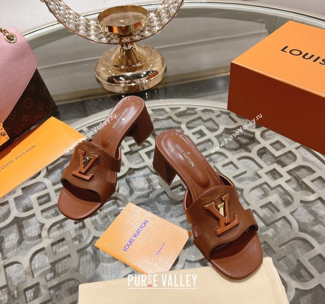 Louis Vuitton Isola Leather Heel Slide Sandals 5.5cm with LV Patch Brown 2024 0606 (MD-240606103)