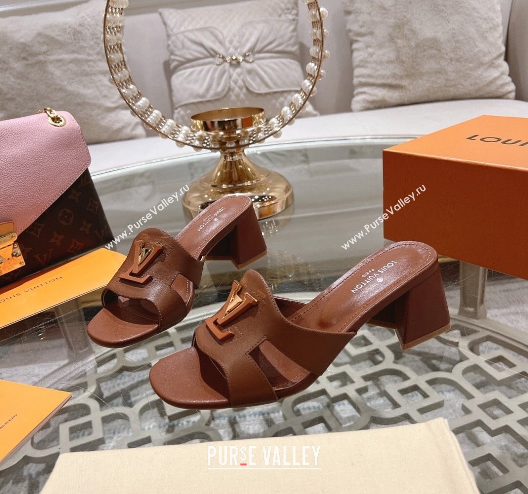 Louis Vuitton Isola Leather Heel Slide Sandals 5.5cm with LV Patch Brown 2024 0606 (MD-240606103)