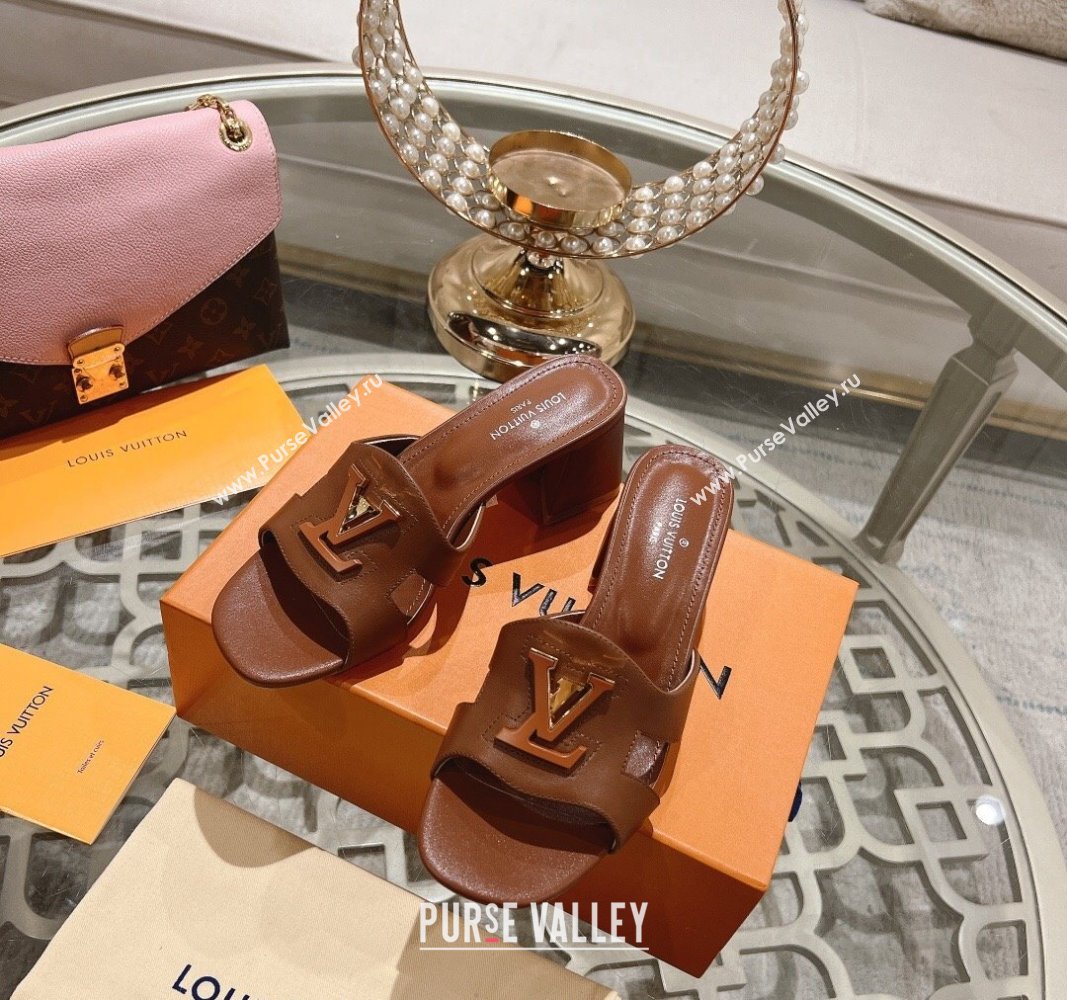 Louis Vuitton Isola Leather Heel Slide Sandals 5.5cm with LV Patch Brown 2024 0606 (MD-240606103)