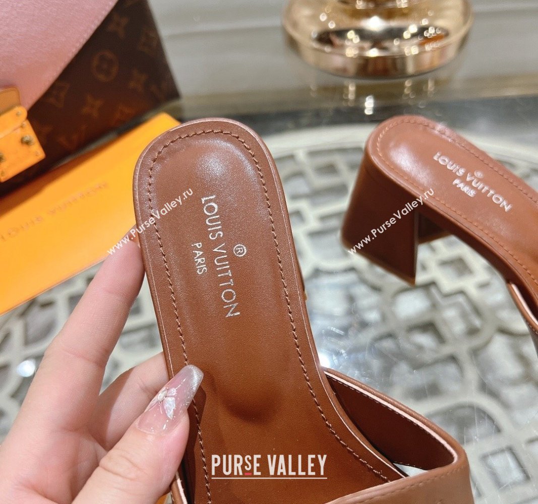 Louis Vuitton Isola Leather Heel Slide Sandals 5.5cm with LV Patch Brown 2024 0606 (MD-240606103)