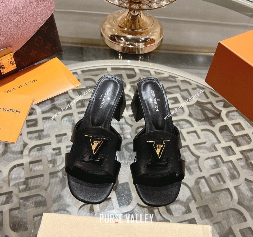 Louis Vuitton Isola Leather Heel Slide Sandals 5.5cm with LV Patch Black 2024 0606 (MD-240606105)