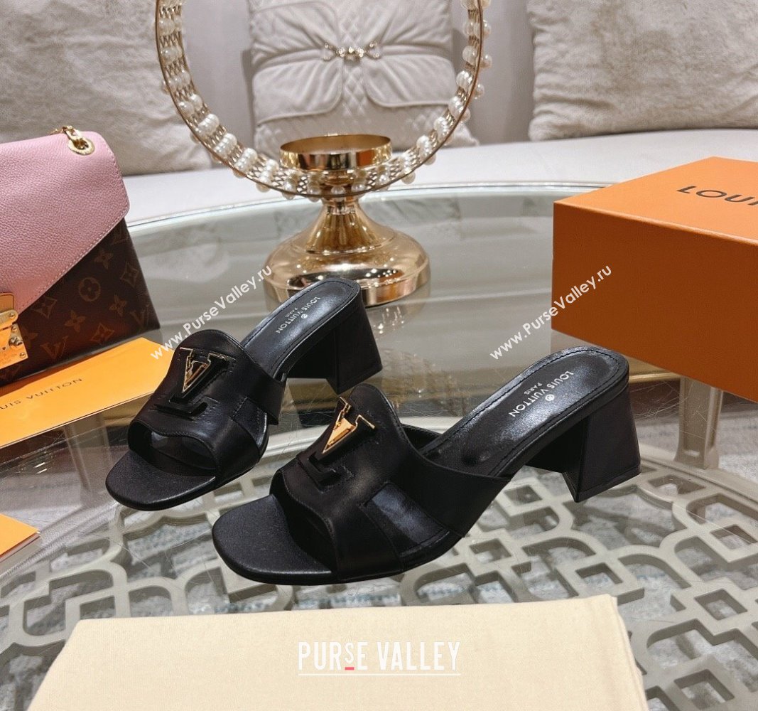 Louis Vuitton Isola Leather Heel Slide Sandals 5.5cm with LV Patch Black 2024 0606 (MD-240606105)