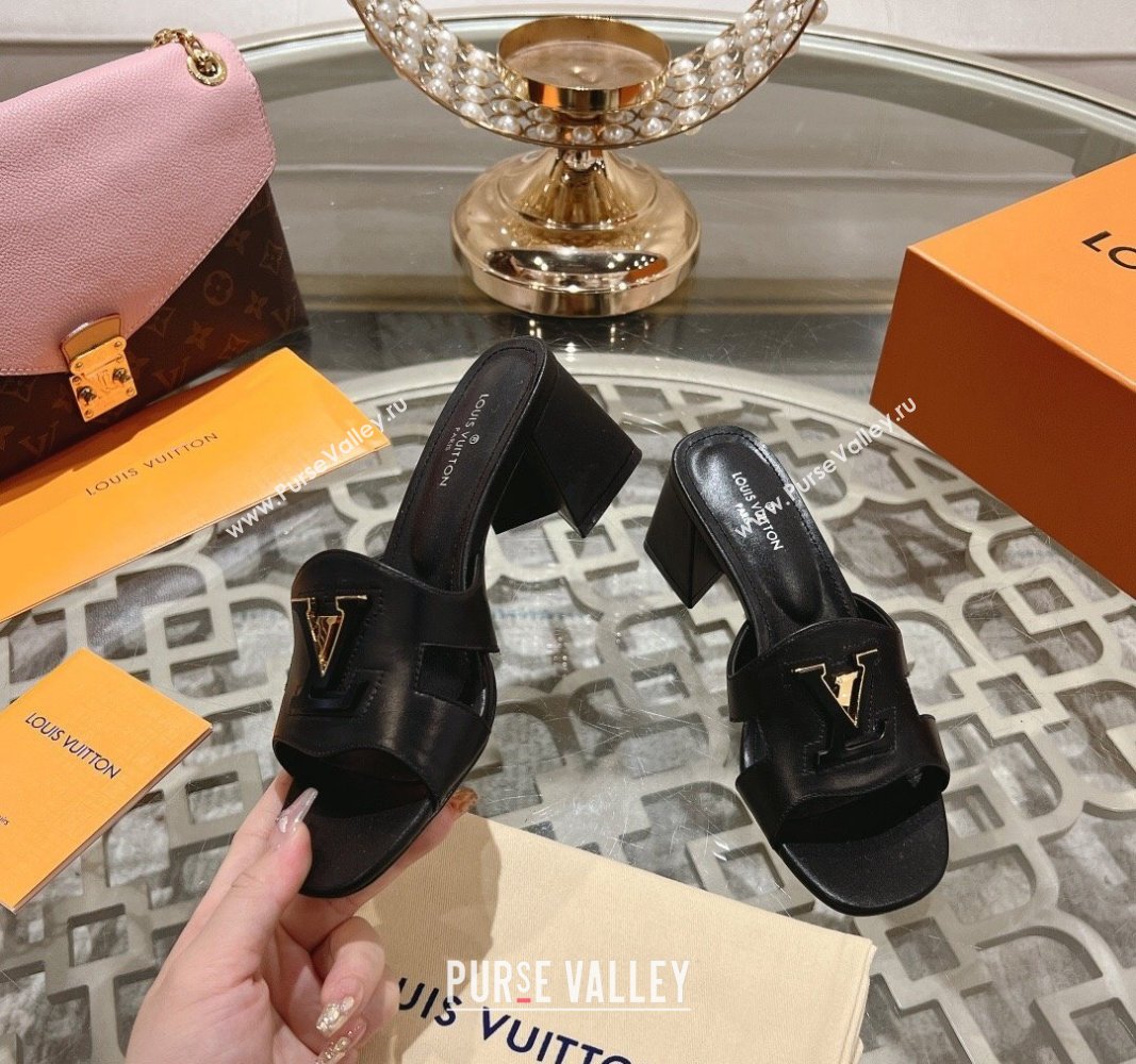 Louis Vuitton Isola Leather Heel Slide Sandals 5.5cm with LV Patch Black 2024 0606 (MD-240606105)