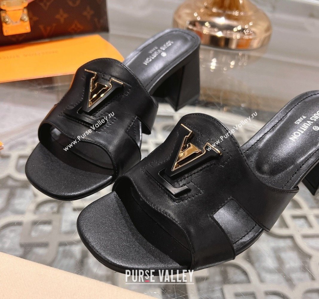 Louis Vuitton Isola Leather Heel Slide Sandals 5.5cm with LV Patch Black 2024 0606 (MD-240606105)